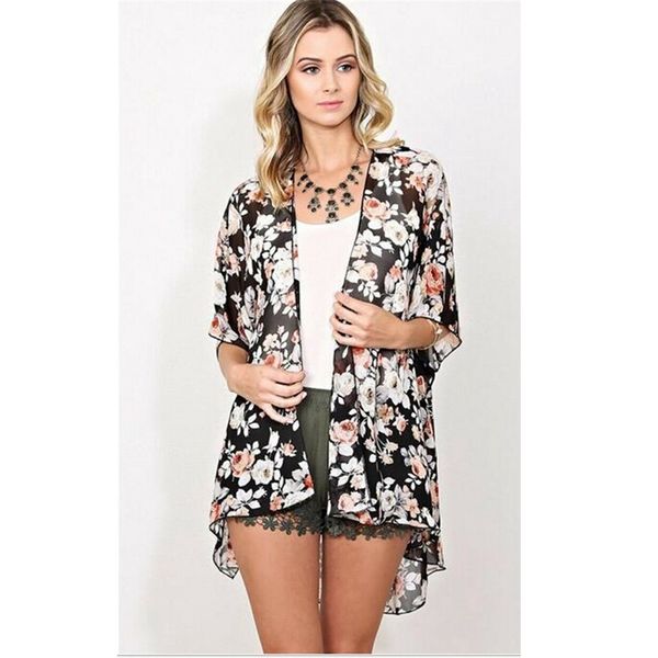 

casual women loose floral chiffon kimono cardigan blouse beach bikini cover up