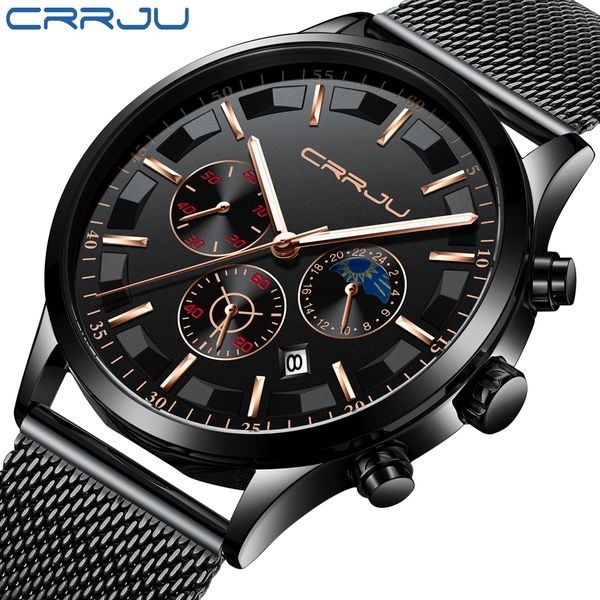 

2019 fashion sport watches crrju men's quartz watch with steel mesh strap casual multifunction clock male reloj multifuncion, Slivery;brown