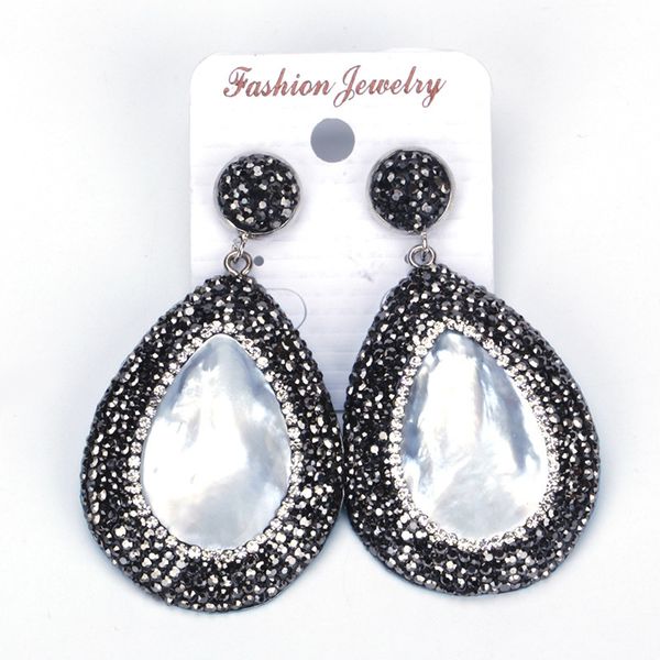 

classic tear water drop natural mother of pearl shell pendant charm pave black white rhinestone dangle earring for women, Silver