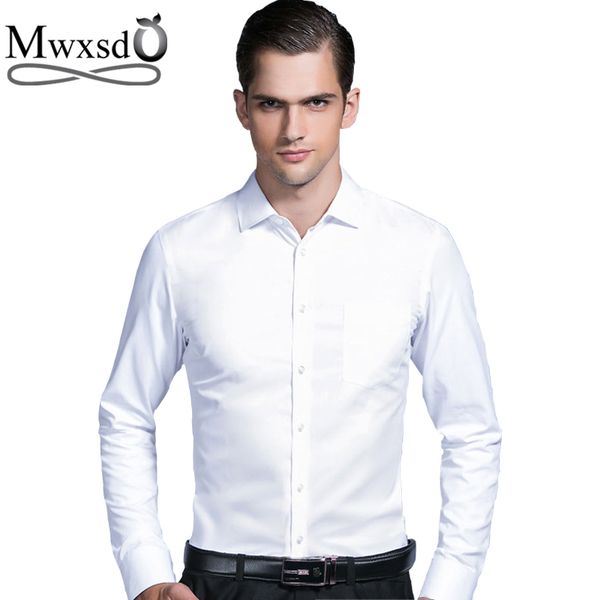 

mwxsd men's silk cotton formal wedding shirt long sleeve soft dress shirts solid male slim fit fashion shirt, White;black