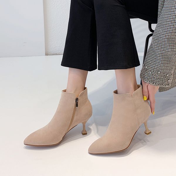 

women boots fashion 2019 kitten heels female flock ankle boots aj630, Black
