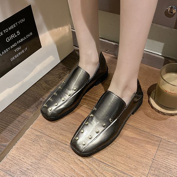 

womens derby shoes slip-on rivets studs shallow mouth british style casual female sneakers square toe flats leather slip on, Black