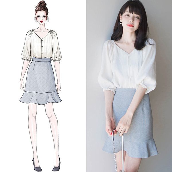 

2019 chic woman 2 piece set summer v-neck shirt +short bodycon skirt sets women fashion office skirts suits woman clothing, White