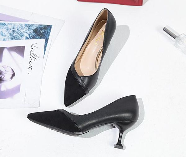 

2019 women's shoes in spring and autumn with new style high heel fine heel pointed end suede@256, Black
