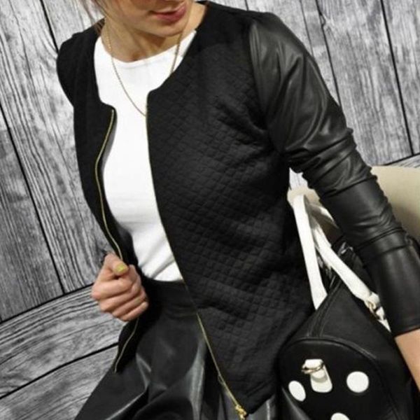 

women outwear pu leather patchwork jackets female casual short thin coats slim plaid blazers, White;black