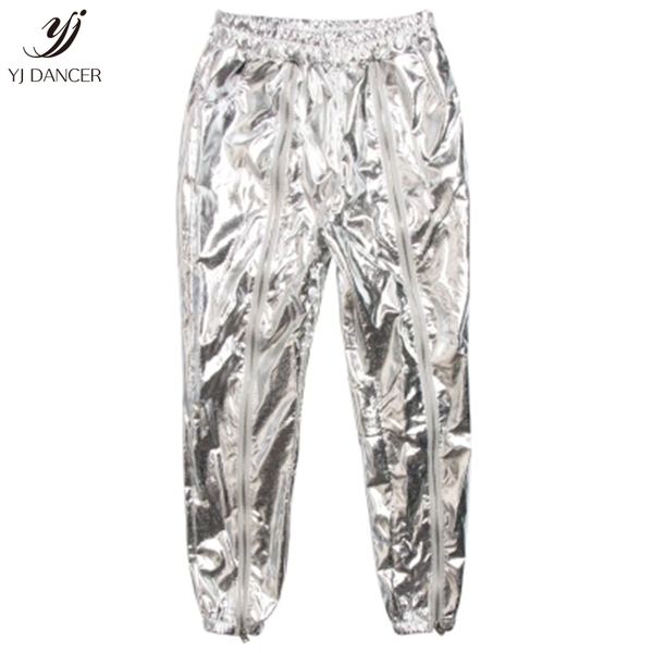

women's glossy trousers 2018 autumn and winter new street silver casual pants loose thin zipper fashion harem pants h0226, Black;white