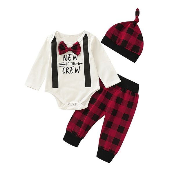 

autumn baby boy girl set long sleeve letters patterns romper plaid trousers hat outfits clothes, White