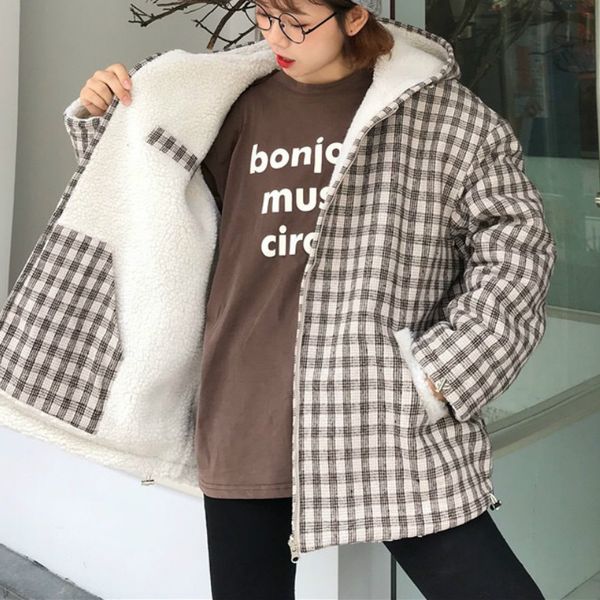 

women borg lining hooded parka jacket coat in plaid, Black