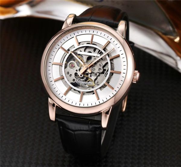

mens luxury watch hollow literal leather automatic watch high-end rose gold case transparent back cover machinery wrist watches, Slivery;brown