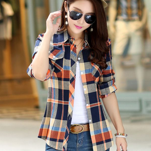 

ladies shirt cotton plaid shirt female coat new jacket women's blouse spring and autumn loose bottoming women's, White