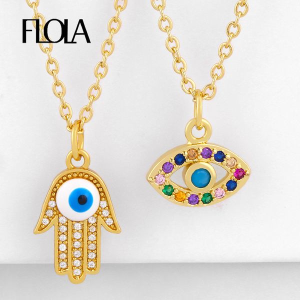 

flola rainbow blue evil eye necklaces for women fatima hand multicolor necklaces cz hamsa gold filled fashion jewelry nkeq45, Silver