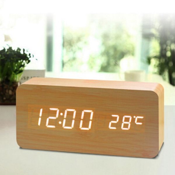

wood led alarm control digital desk bedside clock wooden temperature modern hot