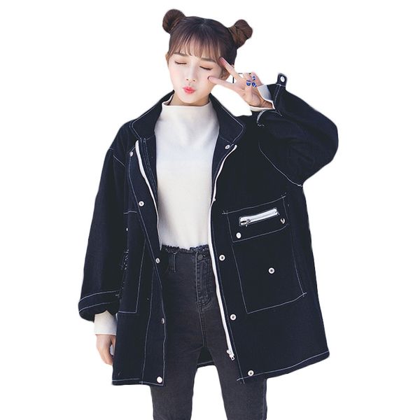 

2019 new large size women's spring autumn casual tooling denim jacket casual windbreaker coats outerwear x602, Tan;black