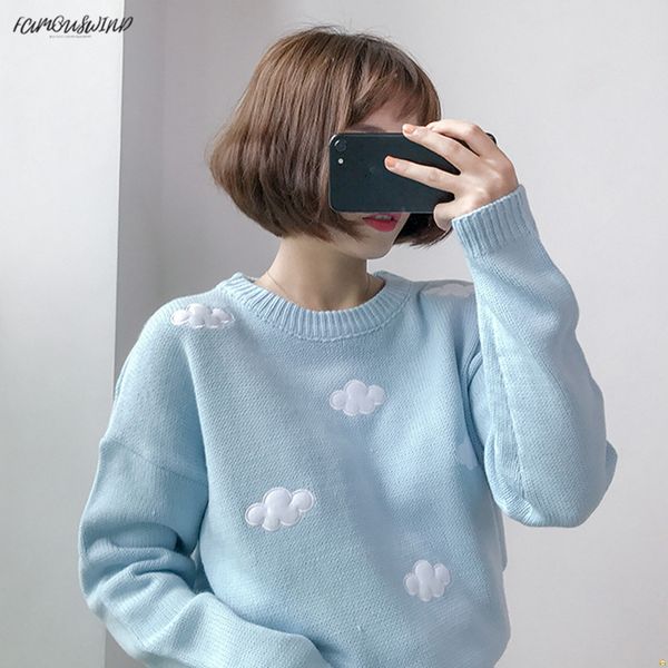 

зима 2019 женщин свитера топы одежда сладкие облака пуловеры плюс размер женщин свитер каваи 100% хлопок корейский прямая поставка, White;black