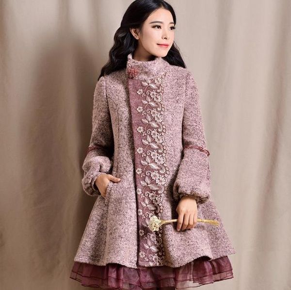 

winter new women lantern sleeve long woolen coat organza lace stitching coat, Black