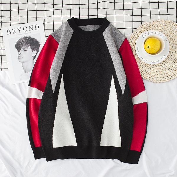 

fashion men's sweaters england fashion knitwear loose bottoming shirt geometric stitching men sweater, White;black