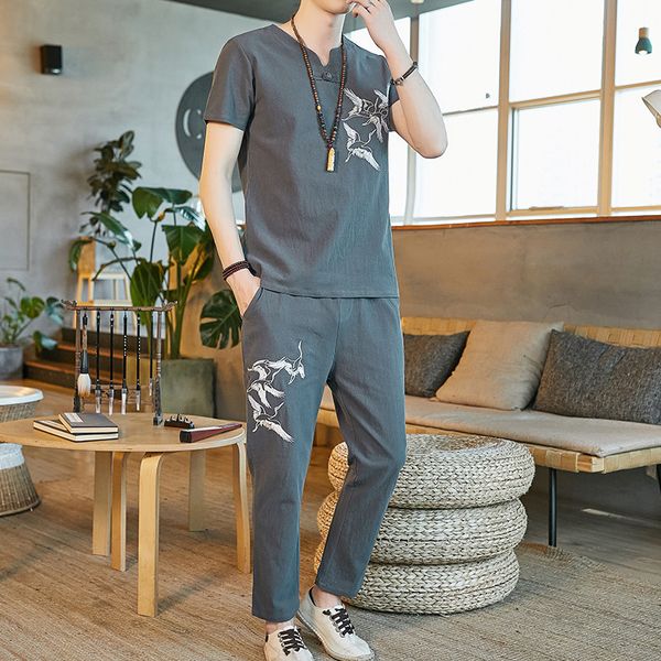 

chinese national style tang suit large size suit male casual cotton and linen embroidery two-piece male, Gray