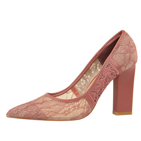 

9.5cm 7colors chinese style red women cute mesh floral lace shoes chunky heel party pink wedding shoes pumps lady dress shoes, Black