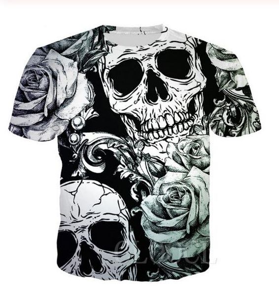

new fashion mens / womans skull flower shirt summer style funny 3d print casual t-shirt plus size t0153, White;black