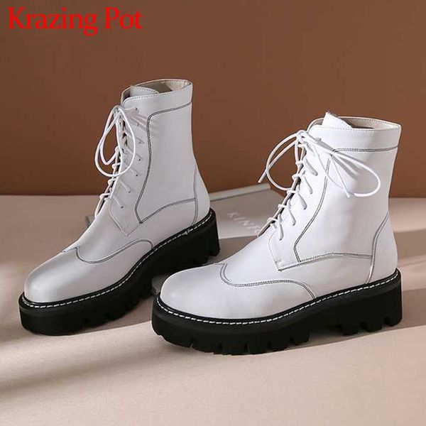 

krazing pot classic genuine leather brogue boots lace up british round toe high heels winter warm preppy style ankle boots l18, Black