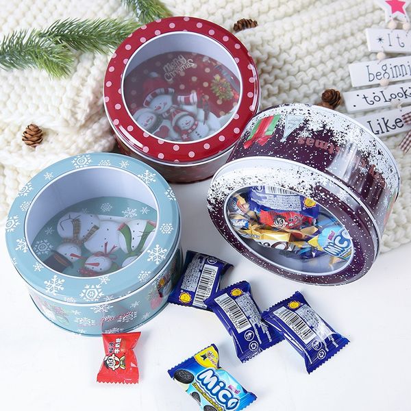 

christmas decoration themed metal round tin case containers with clear window lids holiday decorative box
