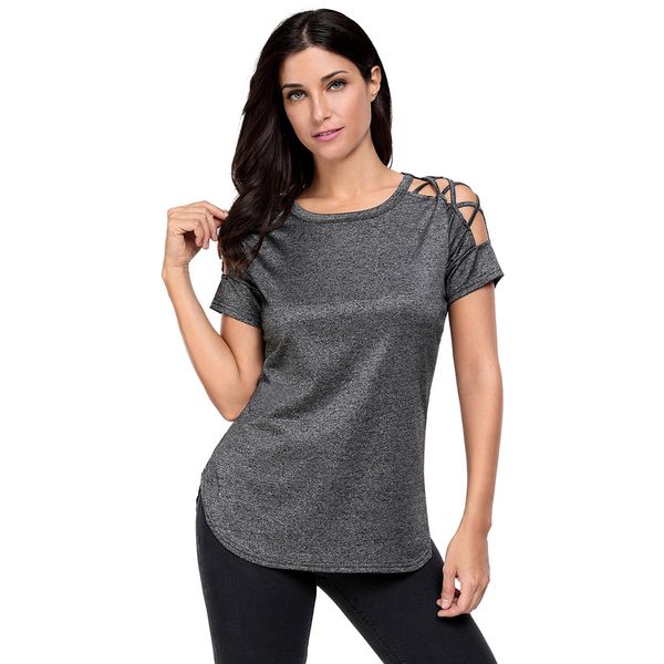 

women crisscross detail short sleeve t-shirt cross hollowout shoulder blouse women casual 6 colors loose blouse 250039, White