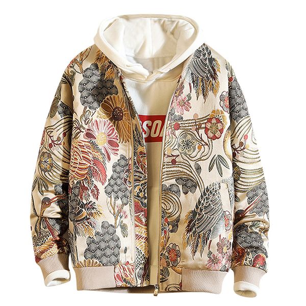

jacket men autumn winter embroidery print jackets retro windbreaker uniform zipper outwear coat blouse, Black;brown
