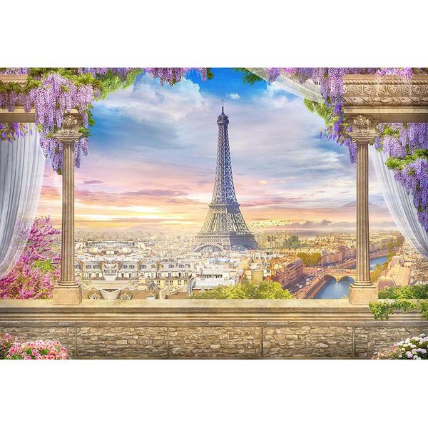 Sfondo di fotografia di matrimonio con balcone retrò Castello Vista sulla città di Parigi Fiori viola Tende Pilastri Sfondi fotografici della Torre Eiffel