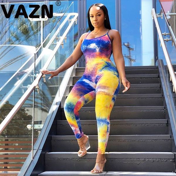 

vazn gradientÂ ramp tie dye print women deep female ladies sleeveless full pant street jumpsuits summer bandage rompers, Black;white