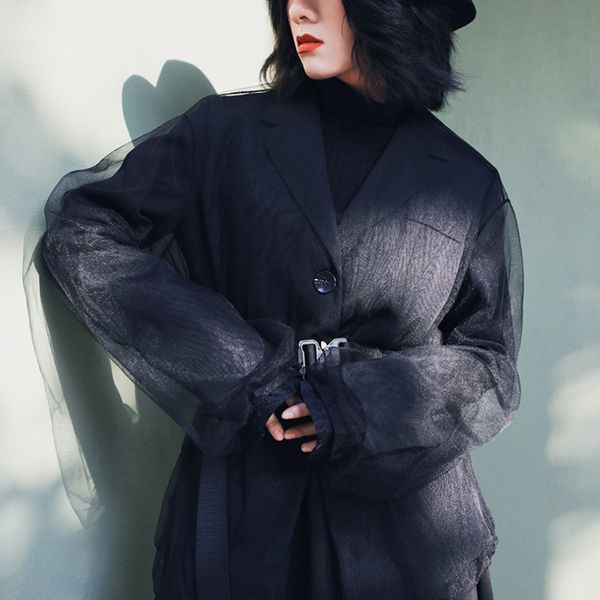 

lanmrem] 2019 осень и зима новые продукты мода ретро mesh чистый цвет кнопки шитье костюм куртка женская одежда pa218, Black;brown