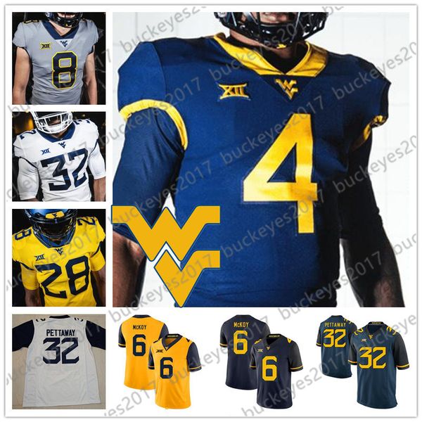 

wvu 2019 west virginia mountaineers white blue yellow gray football jersey #6 kennedy mckoy 32 martell pettaway 4 leddie brown 14 tevin bush, Black