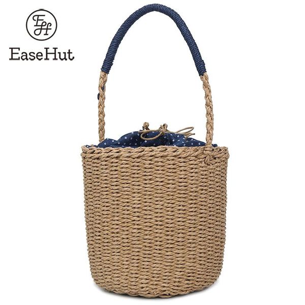 

easehut women drawstring bag women boho holiday beach weave handbag polka dot lining handmade straw bucket rattan shoulder bag