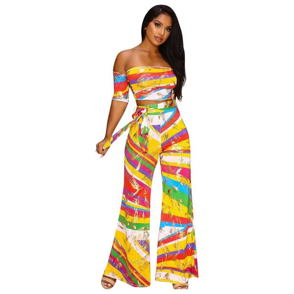 

women's sets graffiti tie-dye print short sleeve strapless crop and wide leg pants set clubwear party two piece outfits, White
