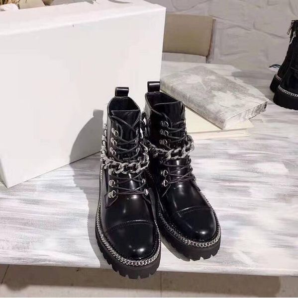 

женщина paris fashion show catwalk combat army chain boots bal новый главный черный круглый toe шнуровка цепи ремень ботильоны обувь, Black