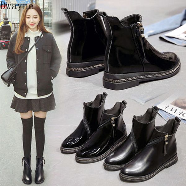 

boots female 2019 autumn new british wind was thin flat primer leather handsome wild short boots tide, Black
