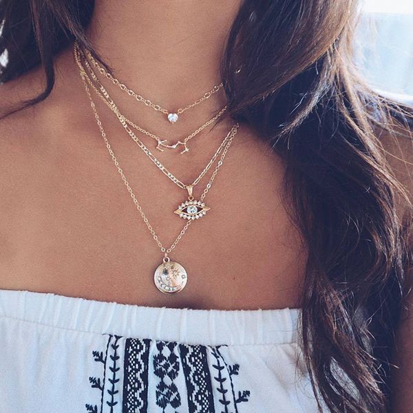 

women gold choker eyes crystal stars moon round hearts multilayer necklace charm party wedding jewelry accessories, Silver