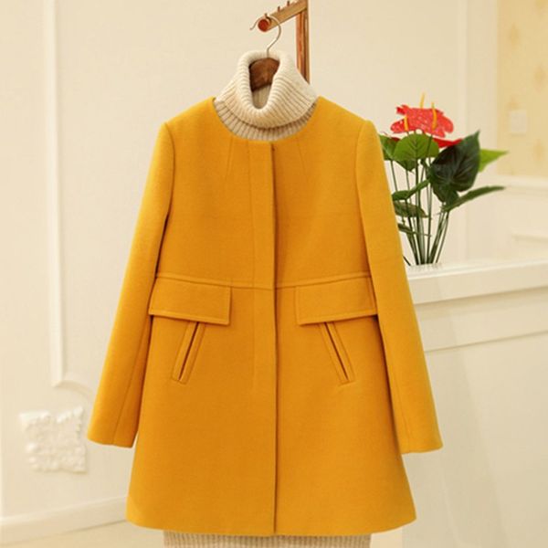 

korean fashion coat 2019 new spring autumn wool coat women loose a-aline long sleeved o-neck medium long black yellow plus size