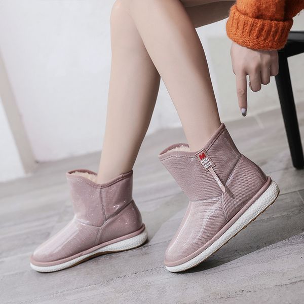 

winter women striped lattice plush lining waterproof transparent fabric snow boots flat with black/pink emu boots cotton shoes