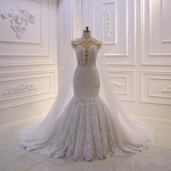 Imagem Real sereia Vestidos de casamento com destacável Xaile Sheer Voltar frisado apliques de casamento da noiva Vestidos de Luxo