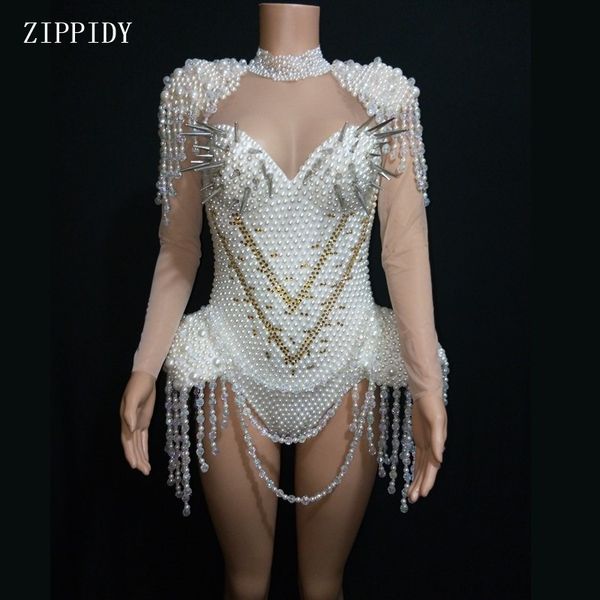 

white luxurious crystals pearls chains bodysuit tranparent leotard costume birthday party tassels costume nightclub outfit