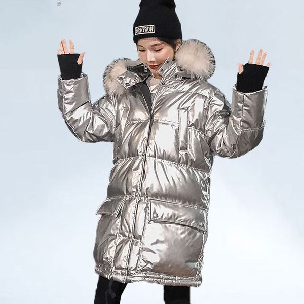 

winter coat women fashion brand big natural fur hooded duck down jackets parkas women glossy fabric thicker warm long down coat, Black