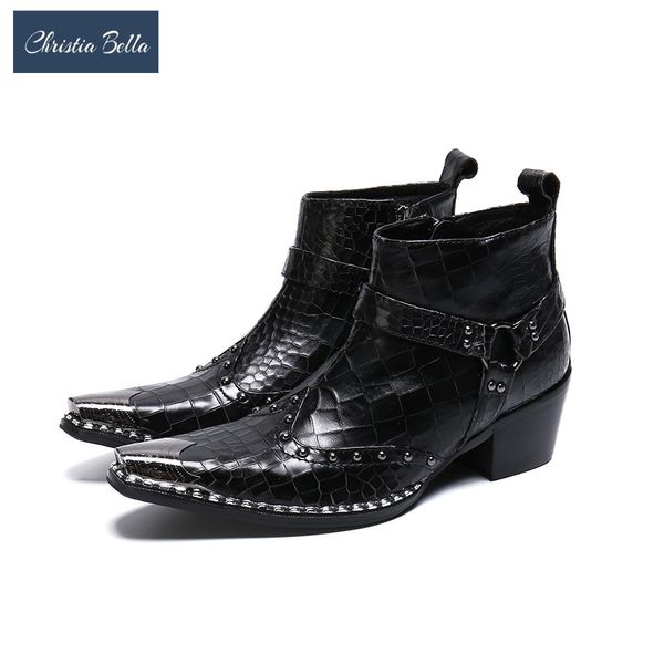 

christia bella solid men shoes genuine leather boots new fashion simplicity metal pointed toe boots big size zipper short, Black