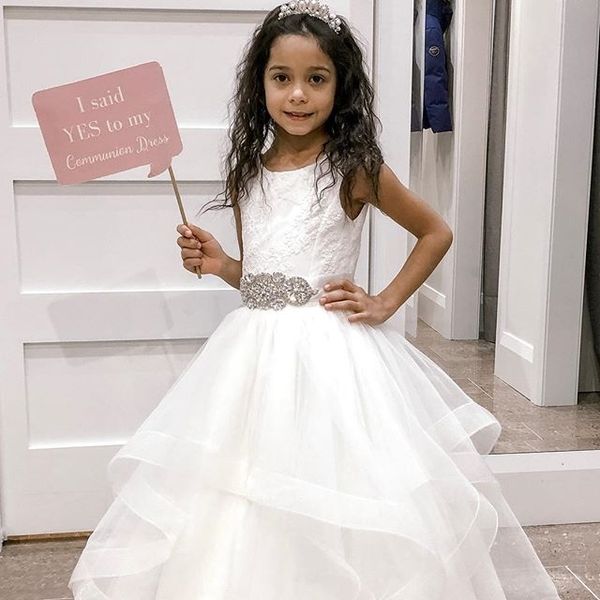 

lace flower girls dresses tank ruffles skirt special pageant party dress for child beaded waist sash a-line wedding party dresses, White;blue