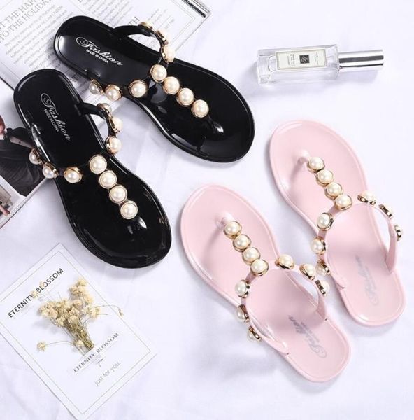 

2020 pearl slippers shoes woman jelly slides summer soft breathable pvc peep toe flip flops clear women outdoor flat slippers, Black