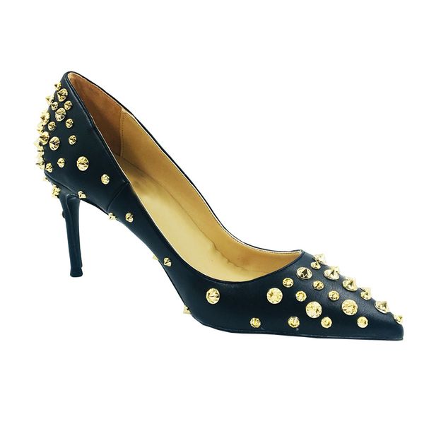 

size 34-45 gold studs pointy toe stilettos geunine leather high heels women dress shoes, Black