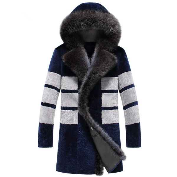 

real shearling fur coat winter jacket men big raccoon fur collar wool coats men's natural warm luxury jackets 4xl 5xl my1599, Black