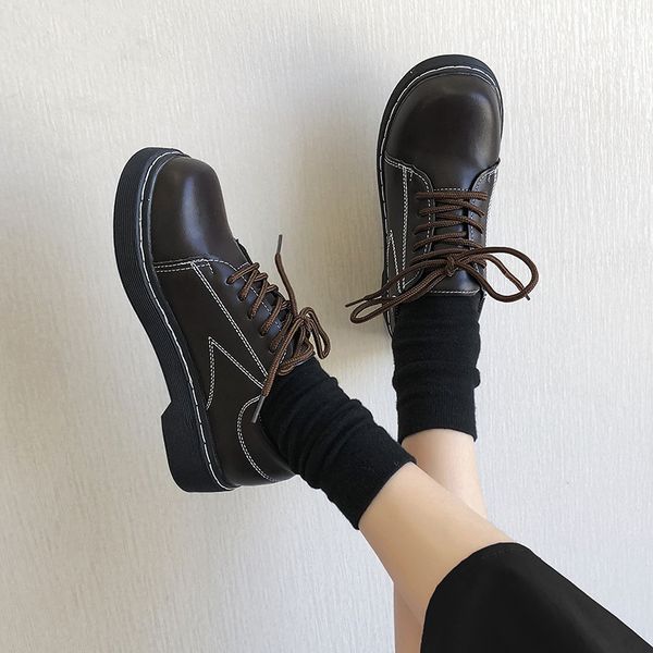 

casual woman platform shoes elegant autumn oxfords women's flats round toe modis new fall leather cross dress 2019 lace-up, Black