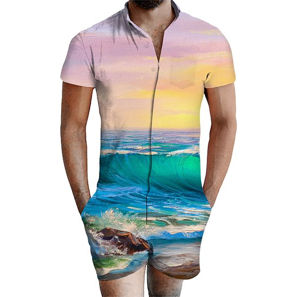 

summer men mixed color sets designer wave print v neck 2pc suits 3d men new casual shorts fashion mens clothing, Gray