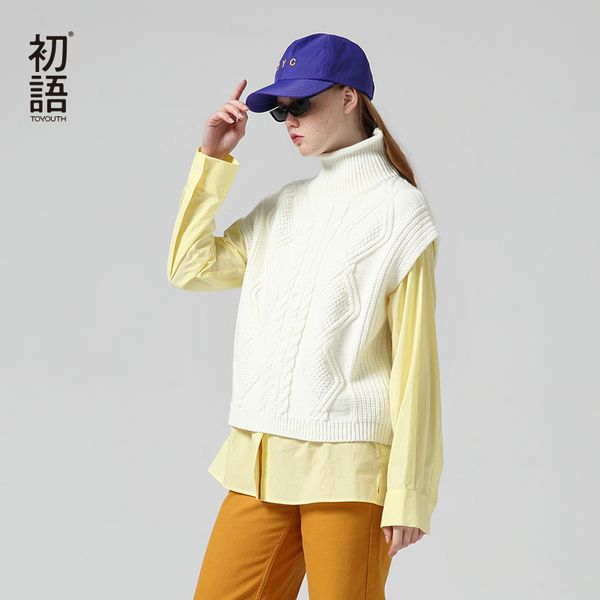 

toyouth women outerwear sleeveless sweaters turtleneck solid casual sweater, White;black