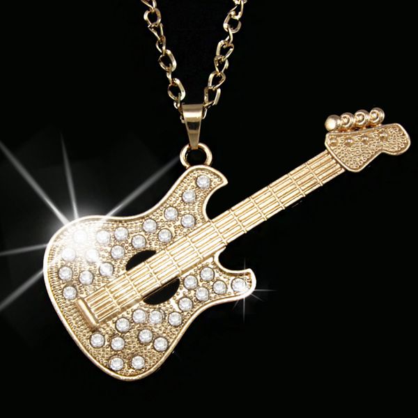 

hip hop style fashion zircon guitar musical instrument shape pendant necklaces women clavicular chain neck decoration, Silver
